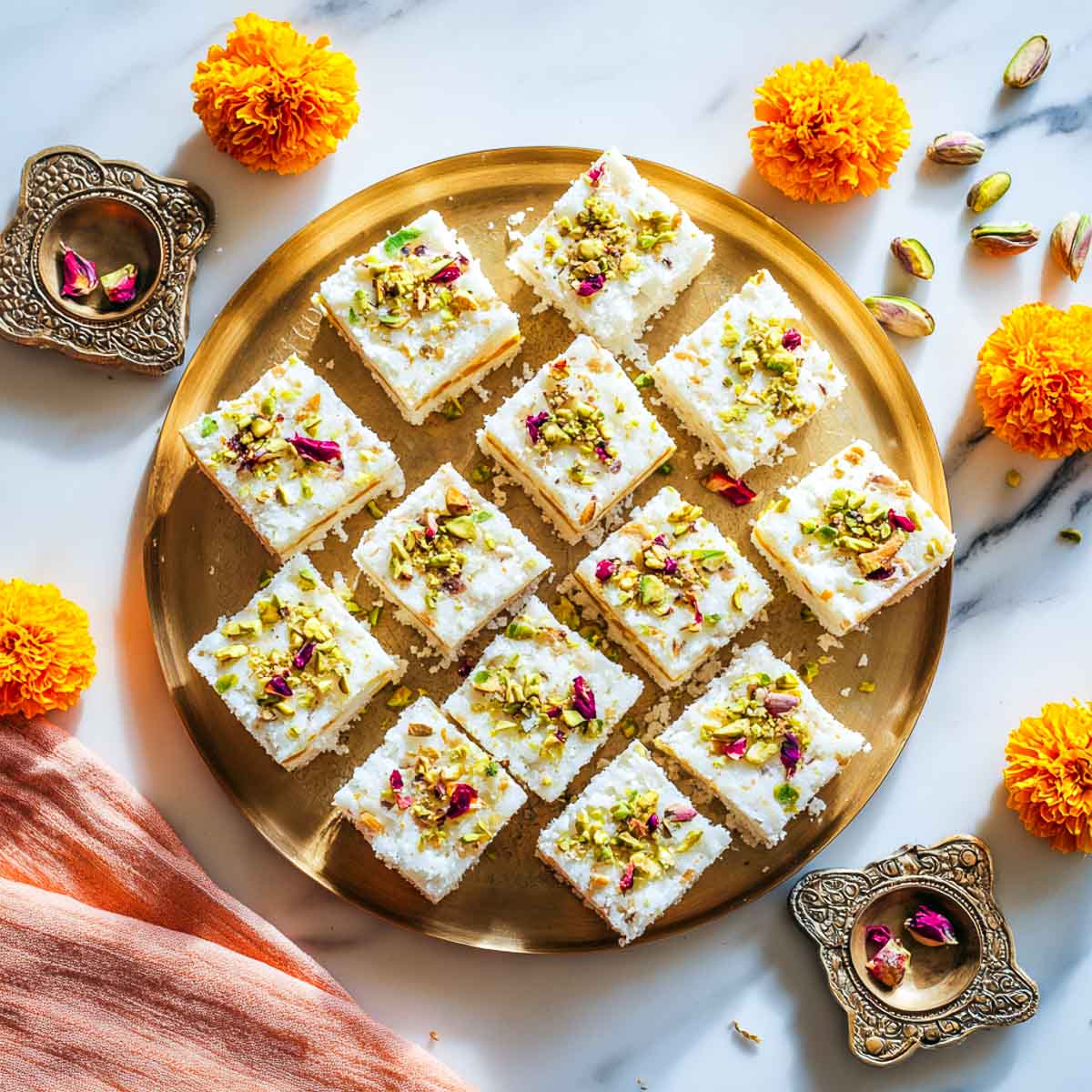Golden tray of instant kalakand squares garnished with pistachios and rose petals.