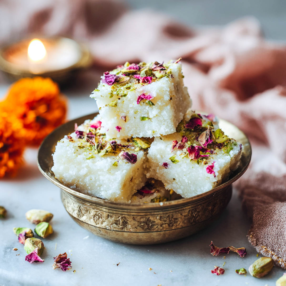 Pieces of kalakand in a small bowl.