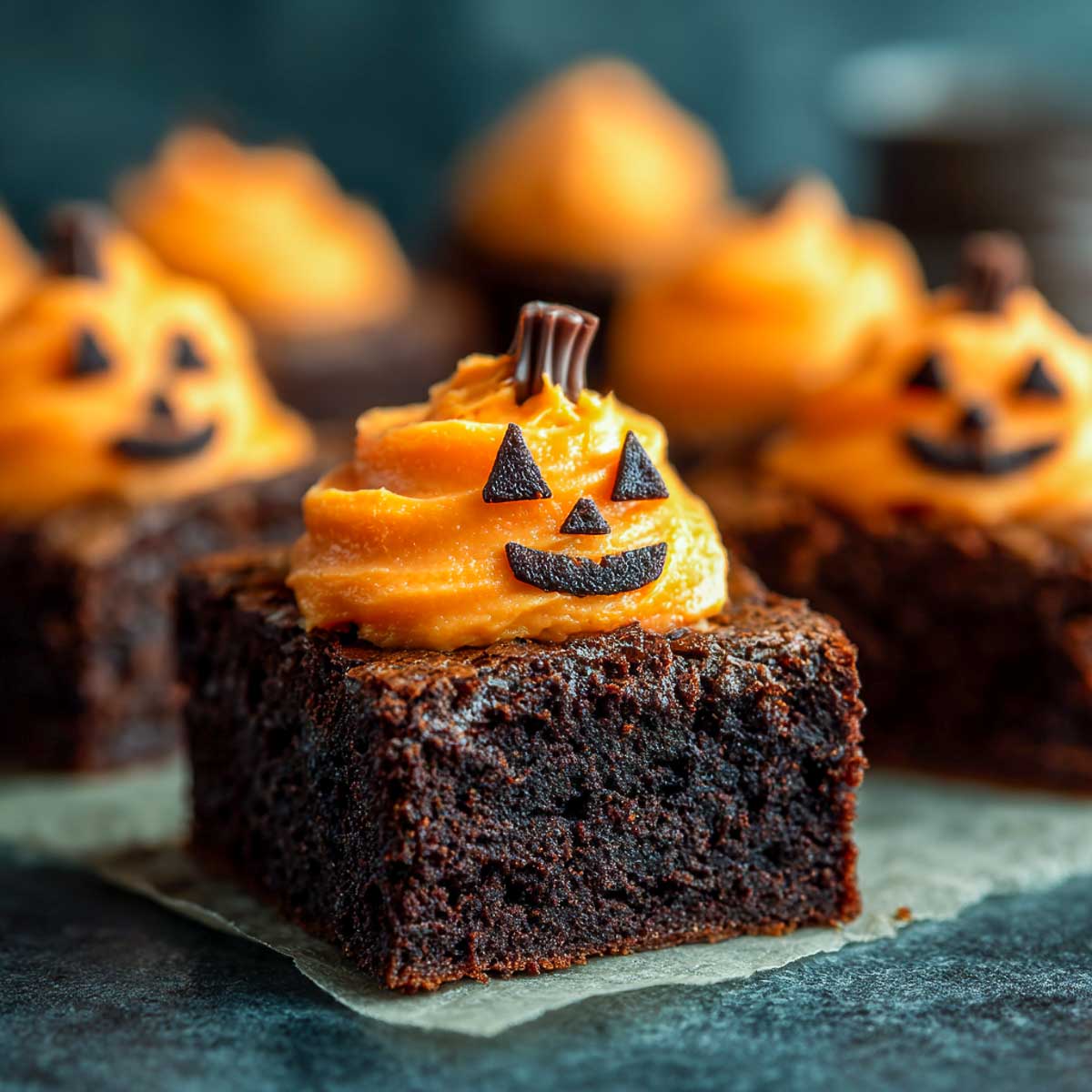 Close-up of a fudgy chocolate brownie topped with swirled orange frosting shaped like a jack-o’-lantern face with a candy stem.