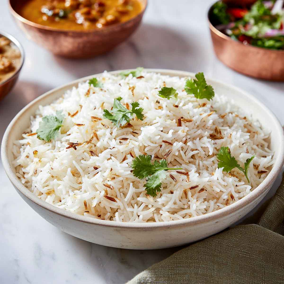 Bowl of fluffy jeera rice with cumin seeds and fresh cilantro garnish.