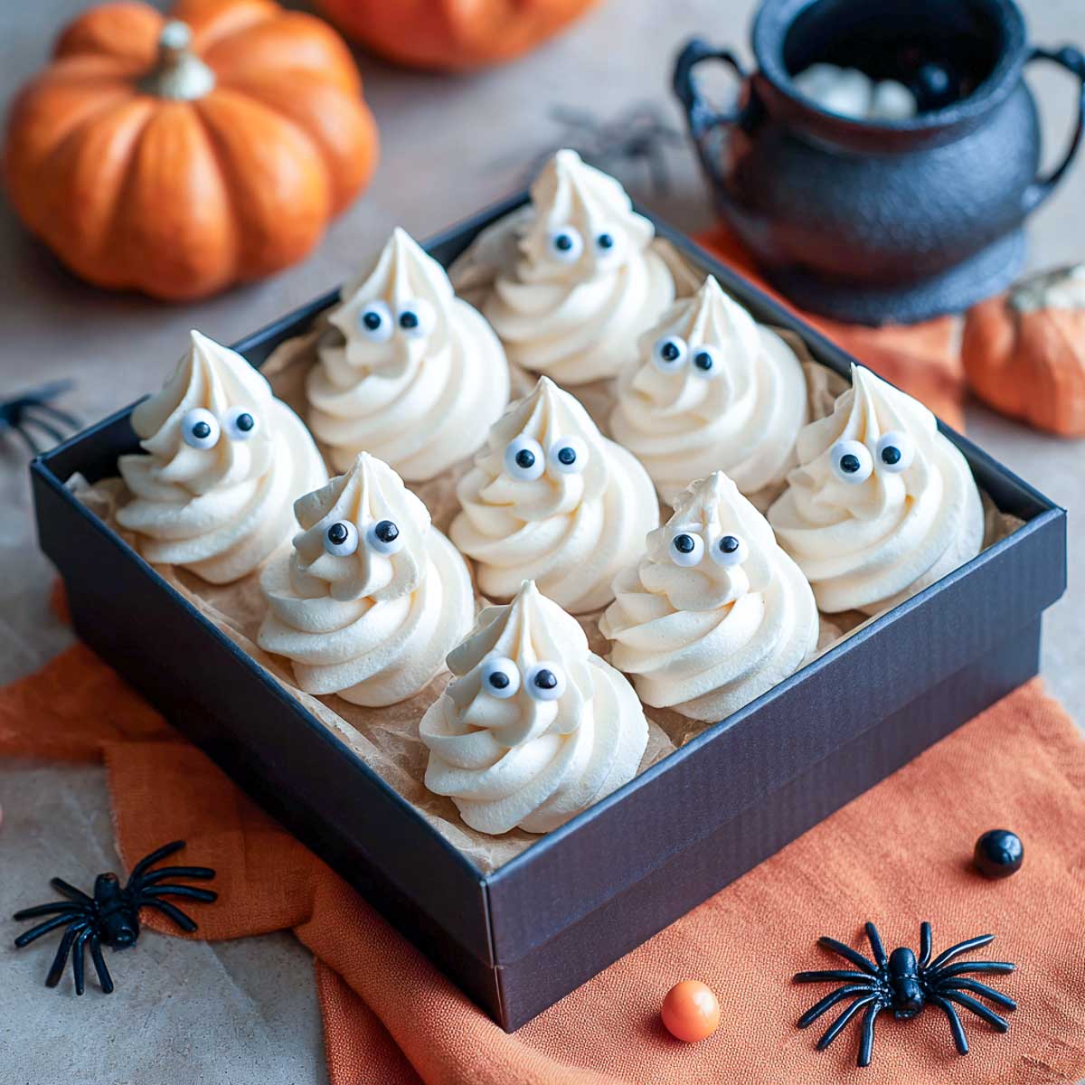 Box of ghost meringue cookies decorated with candy eyes for Halloween.