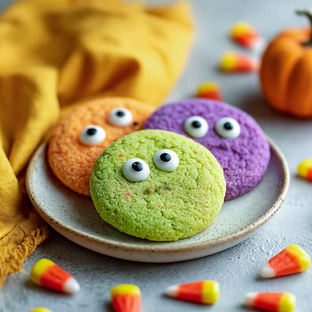 Colorful monster eye cookies with candy eyeballs on a plate.