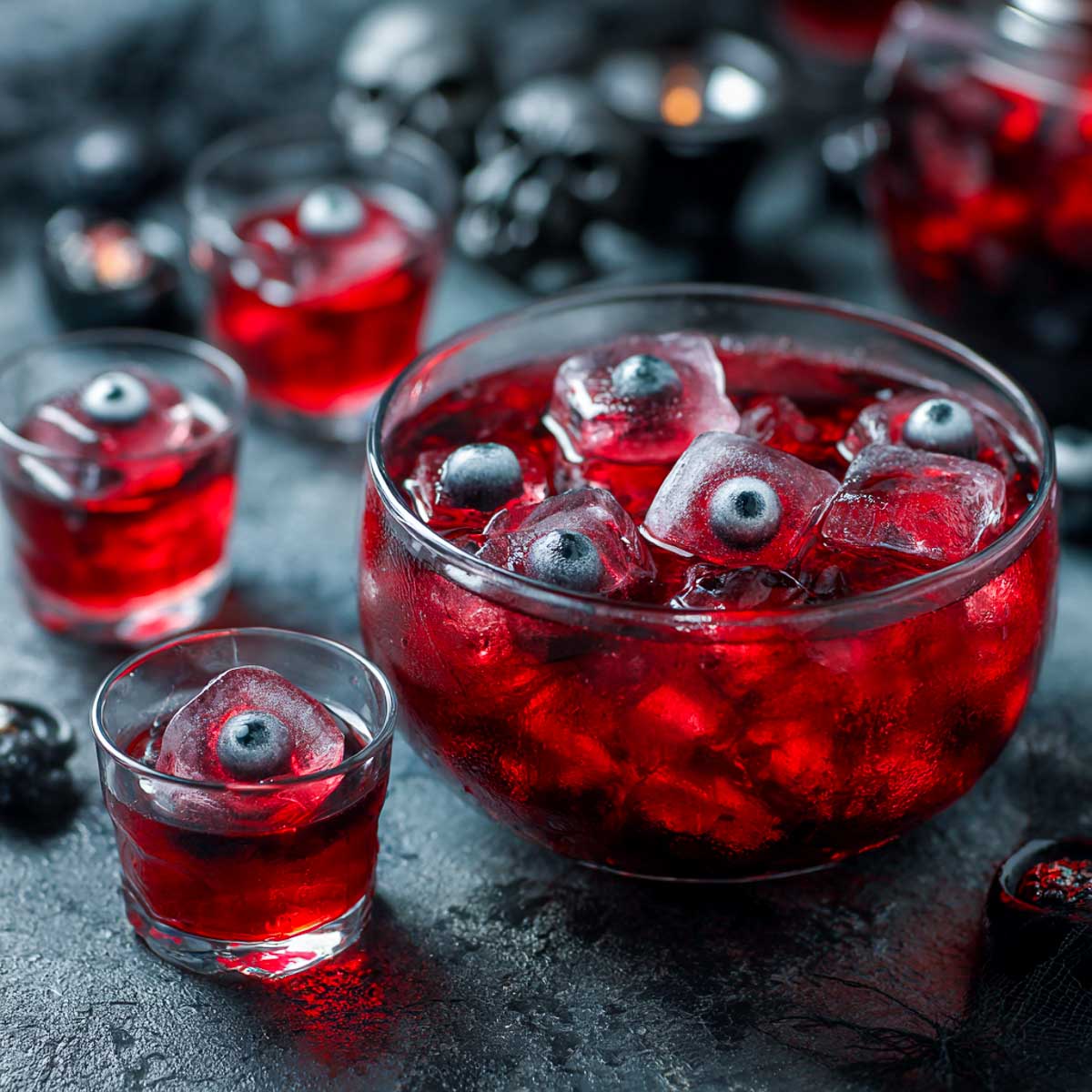 Red Halloween punch bowl with floating eyeball gummy ice cubes.