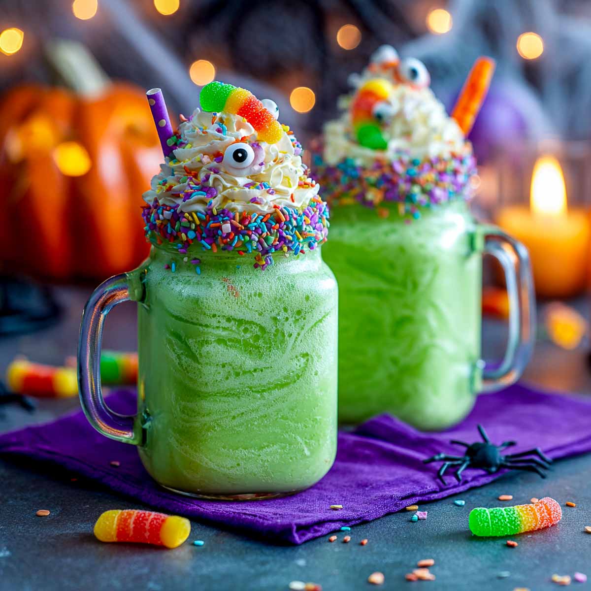 Two green Monster Mash milkshakes with whipped cream, gummy worms, and candy eyeballs.
