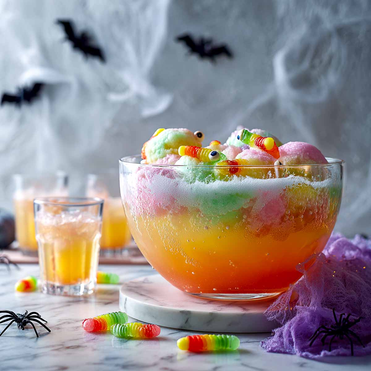 Halloween sherbet punch with rainbow fizz, candy eyeballs, and gummy worms.