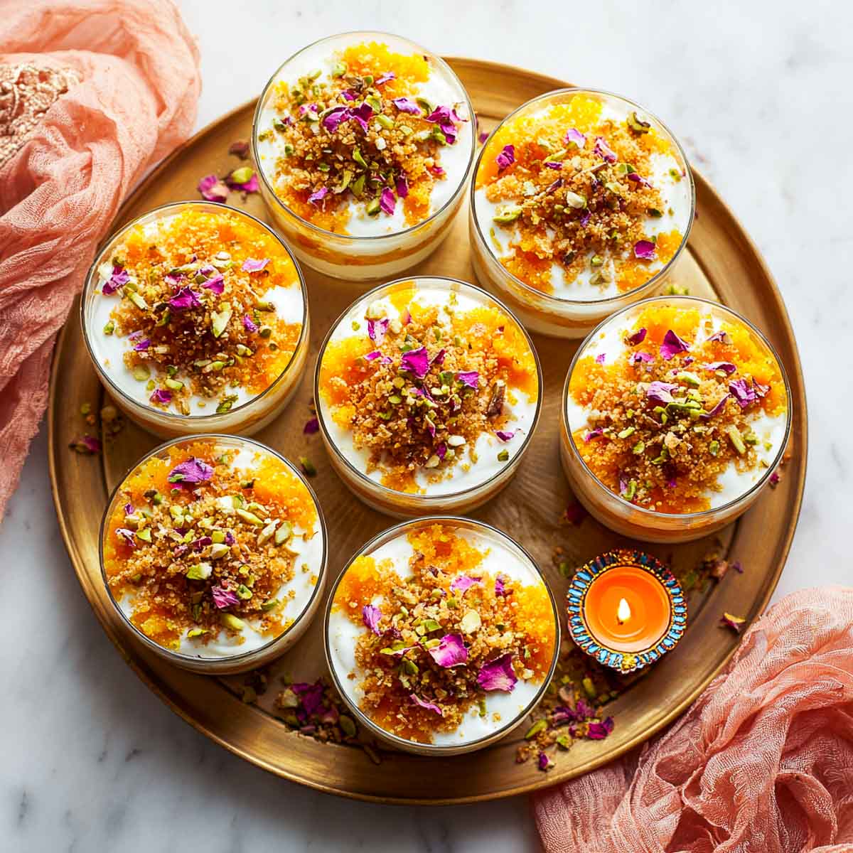 Overhead view of cheesecake shots layered with motichoor ladoo, pistachios, and rose petals.