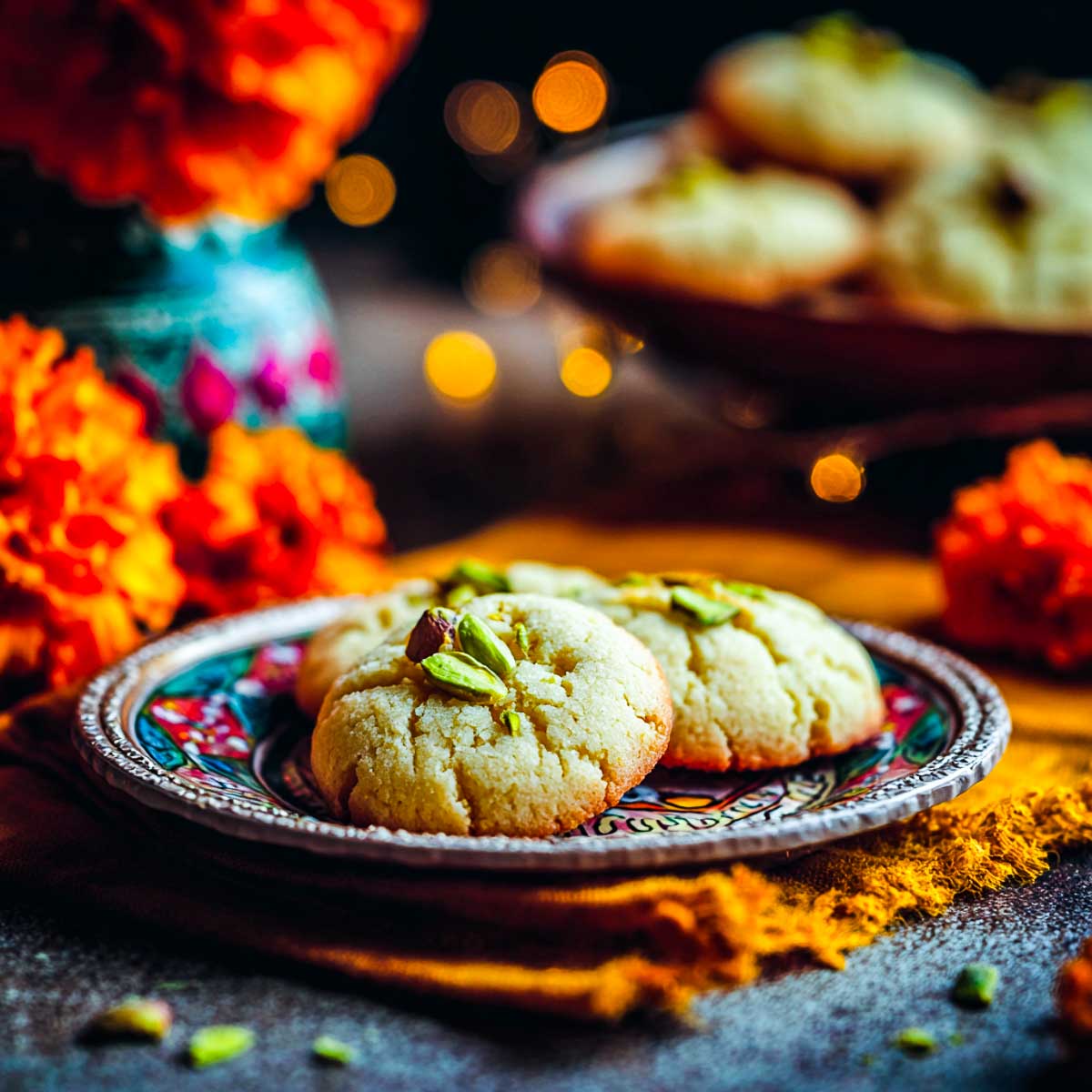 Buttery nankhatai cookies garnished with pistachios served on decorative plate.