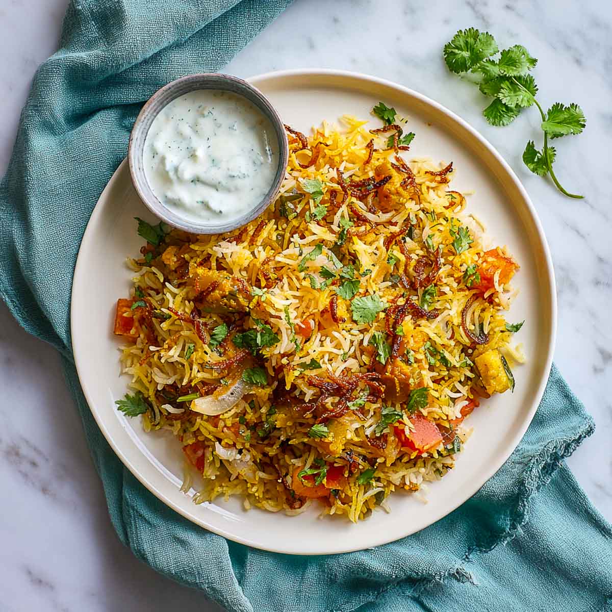 Plate of vegetable biryani with fried onions, fresh herbs, and raita.