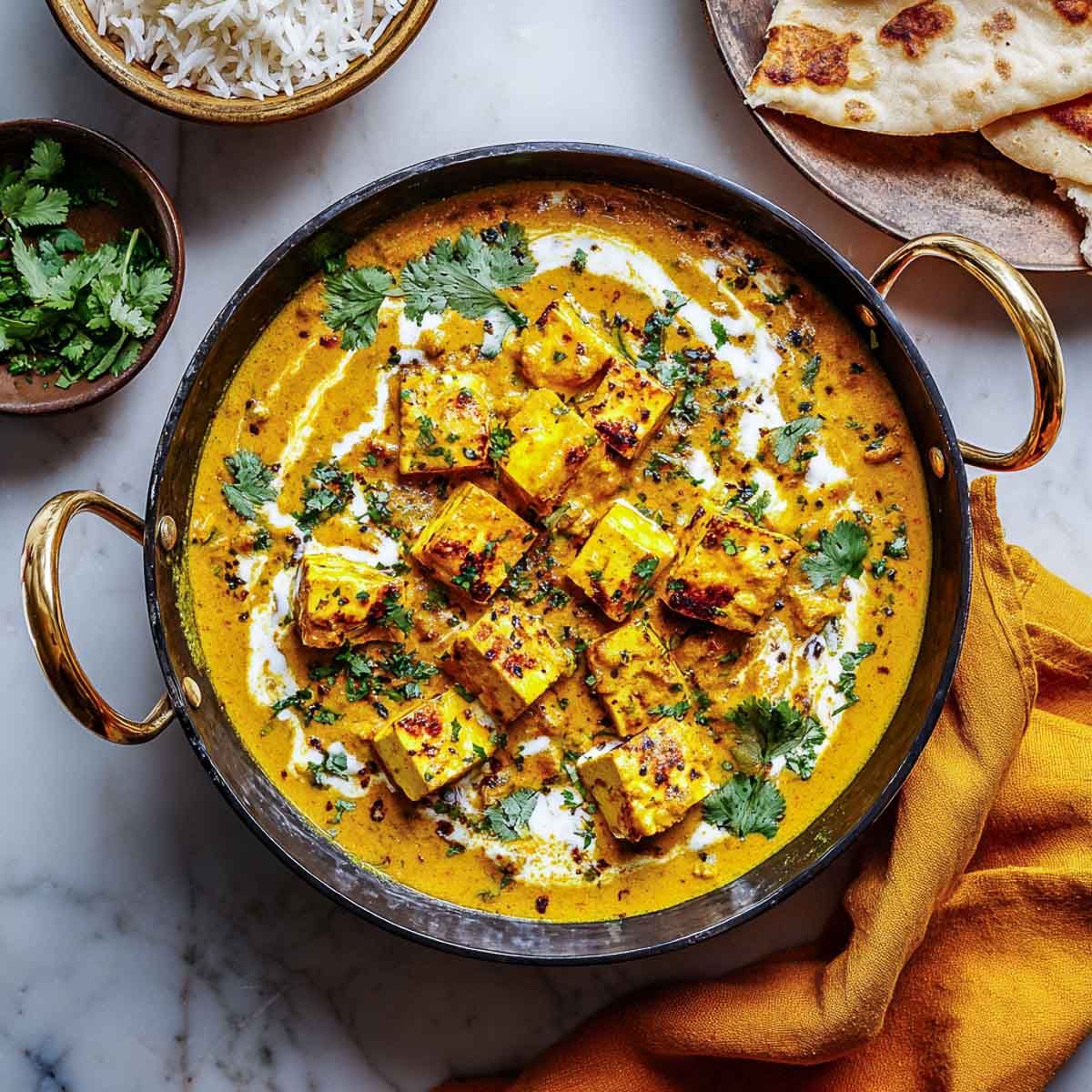Golden paneer cubes in creamy korma sauce, garnished with cilantro.