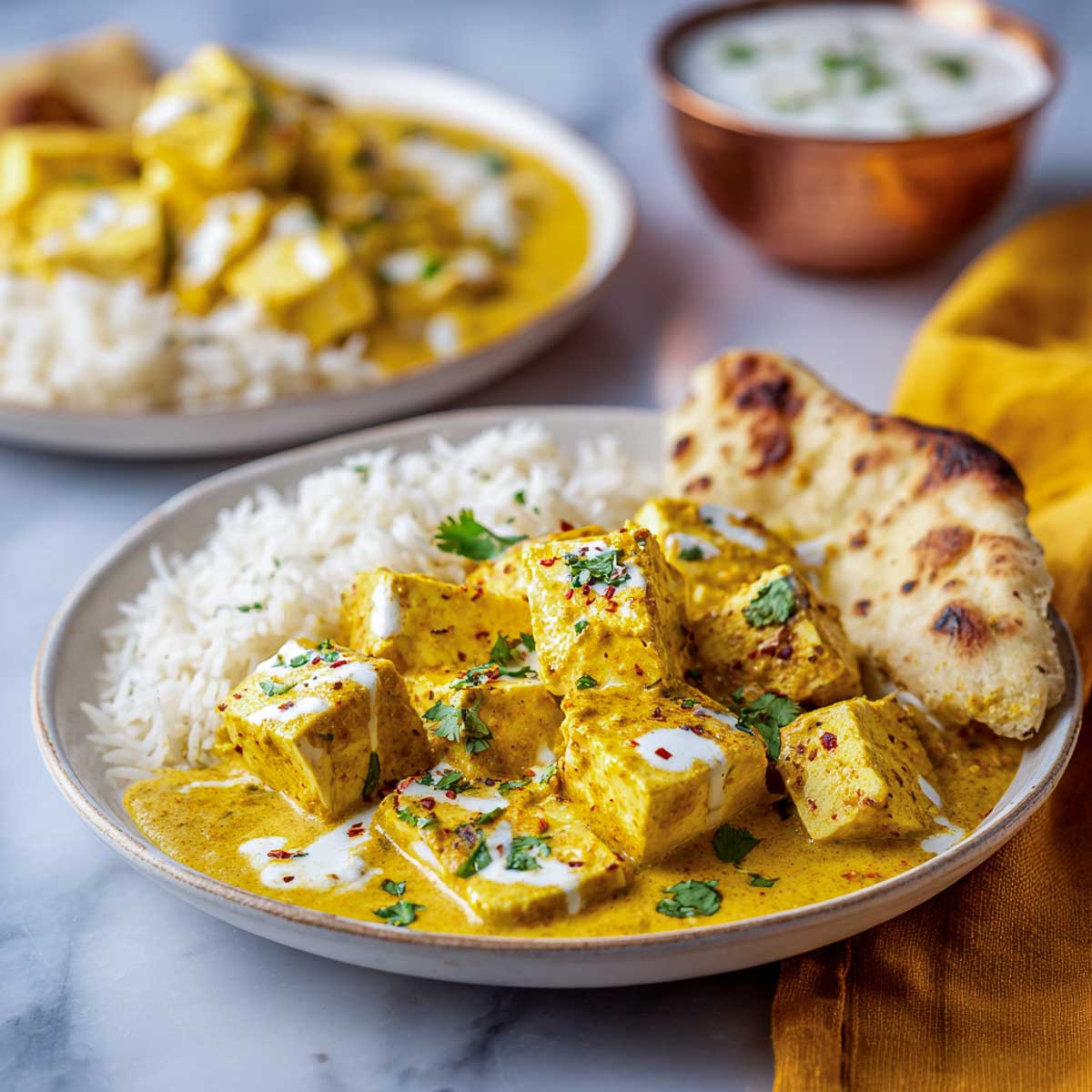 Plate of paneer korma with basmati rice and naan bread.