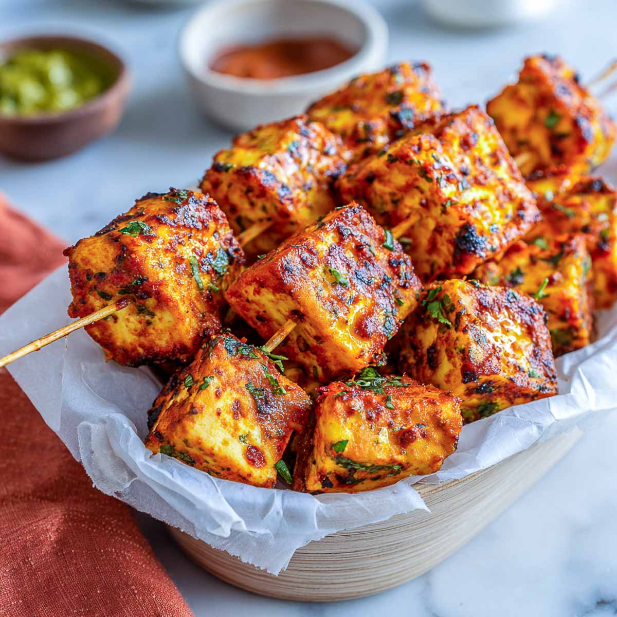 Juicy paneer tikka cubes on skewers, charred and perfectly spiced.