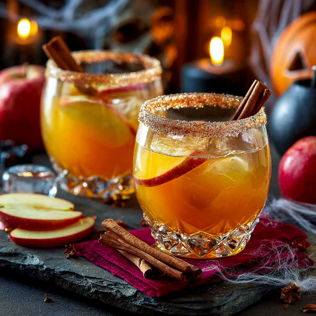 Apple cider cocktail with caramel vodka and cinnamon sugar rim.