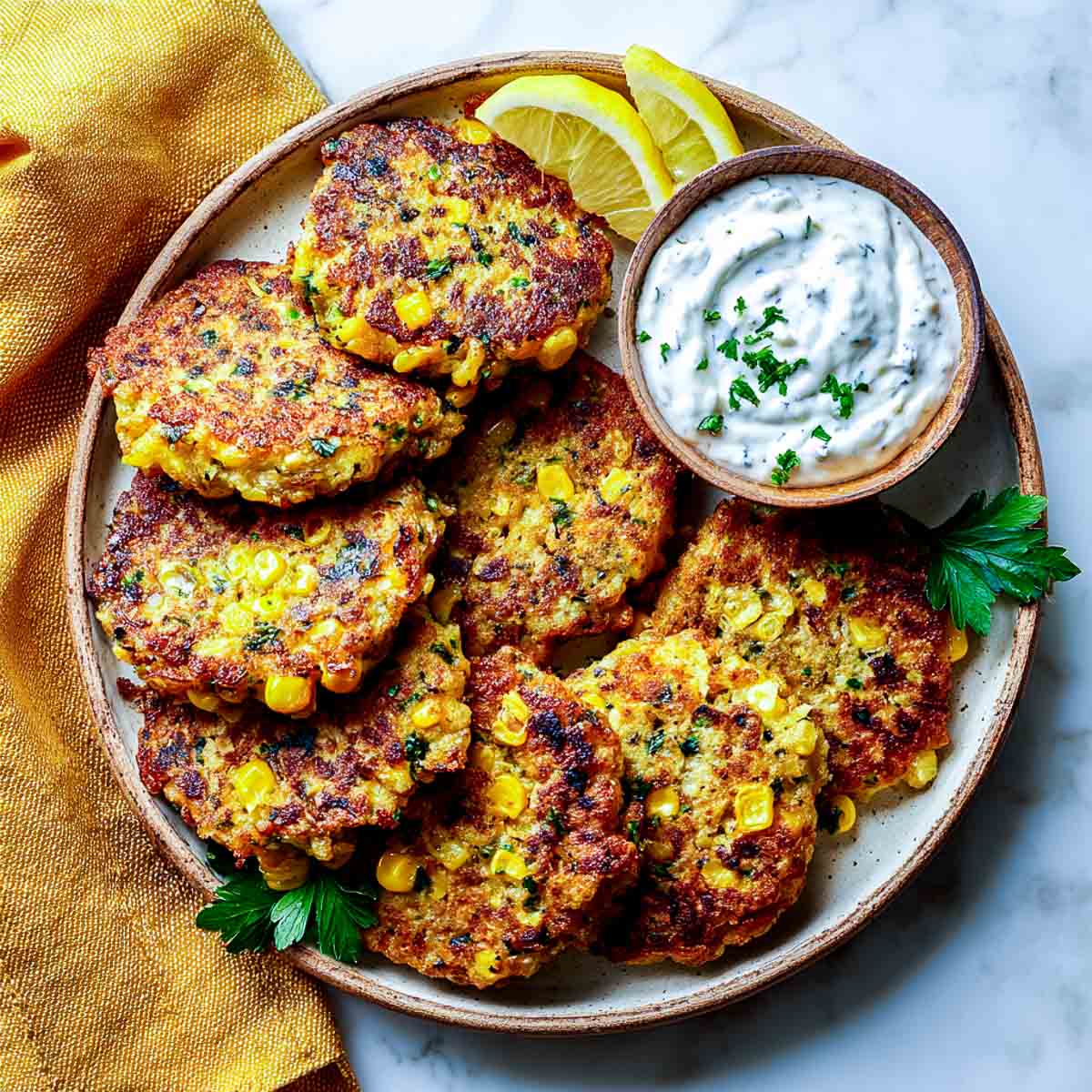 Plate of golden potato and sweet corn fritters with garlic dip and lemon wedges.