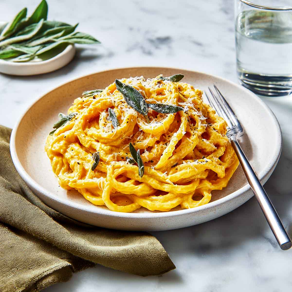Pumpkin cottage cheese pasta served on a white plate.