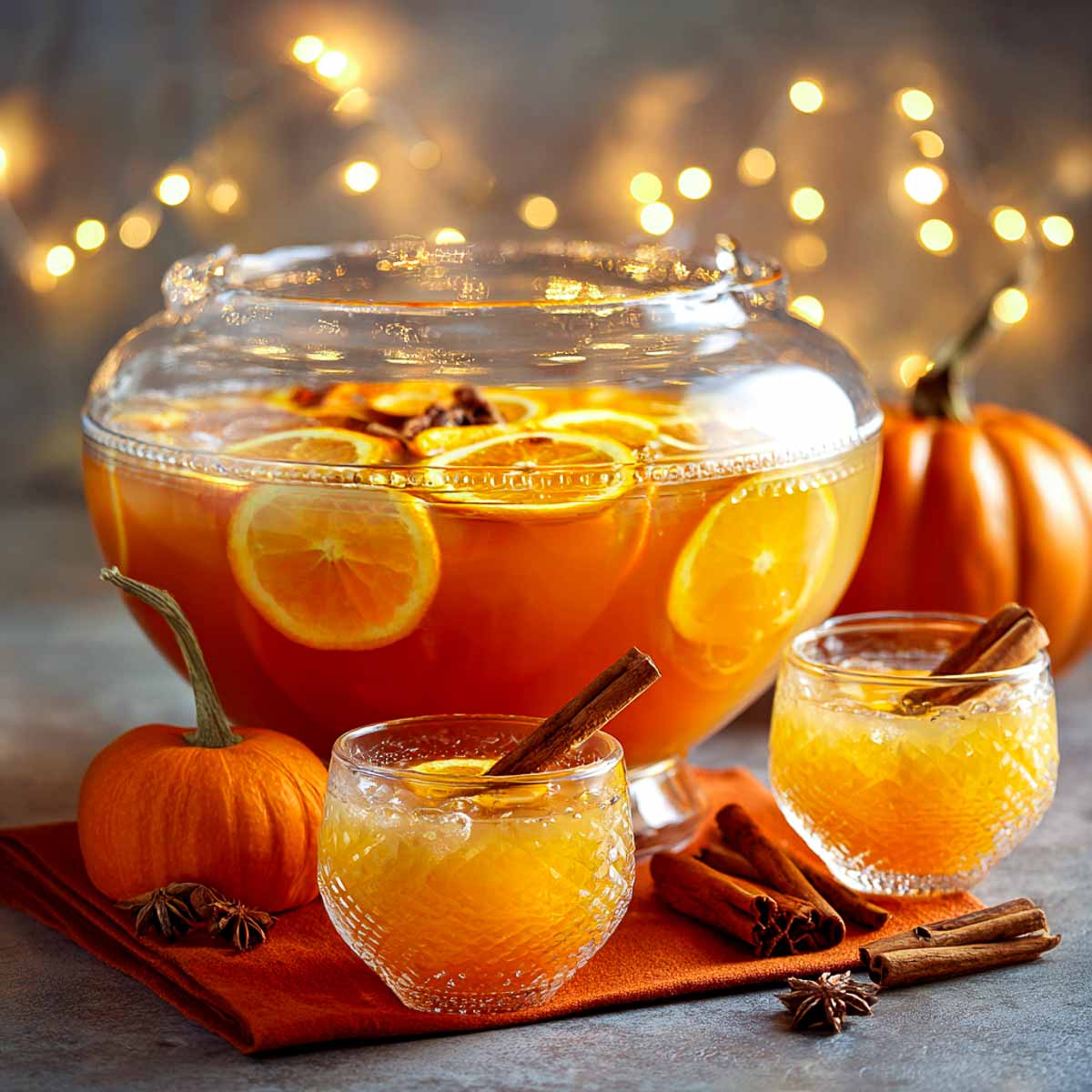Pumpkin punch with apple cider, orange juice, and cinnamon garnish.