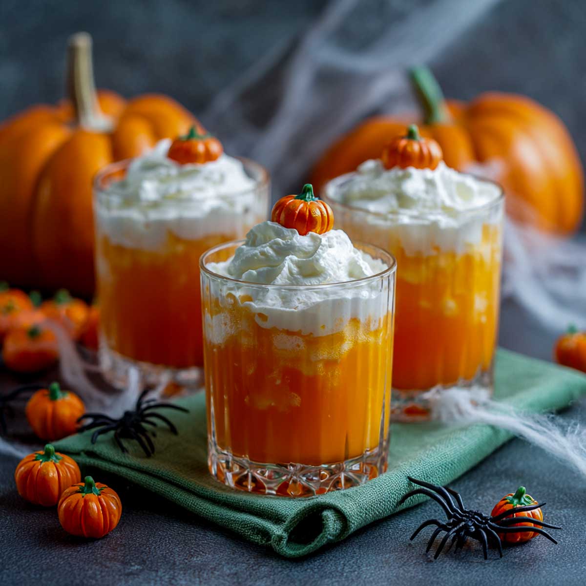 Pumpkin patch creamsicle drink with whipped cream and candy pumpkin topper.