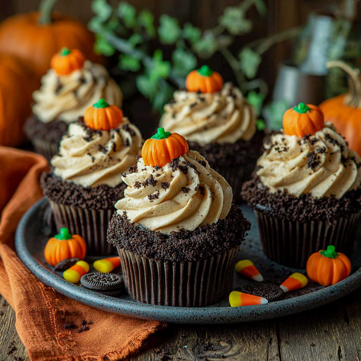Halloween pumpkin patch cupcakes with cinnamon frosting, cookie crumb soil, and candy pumpkins.