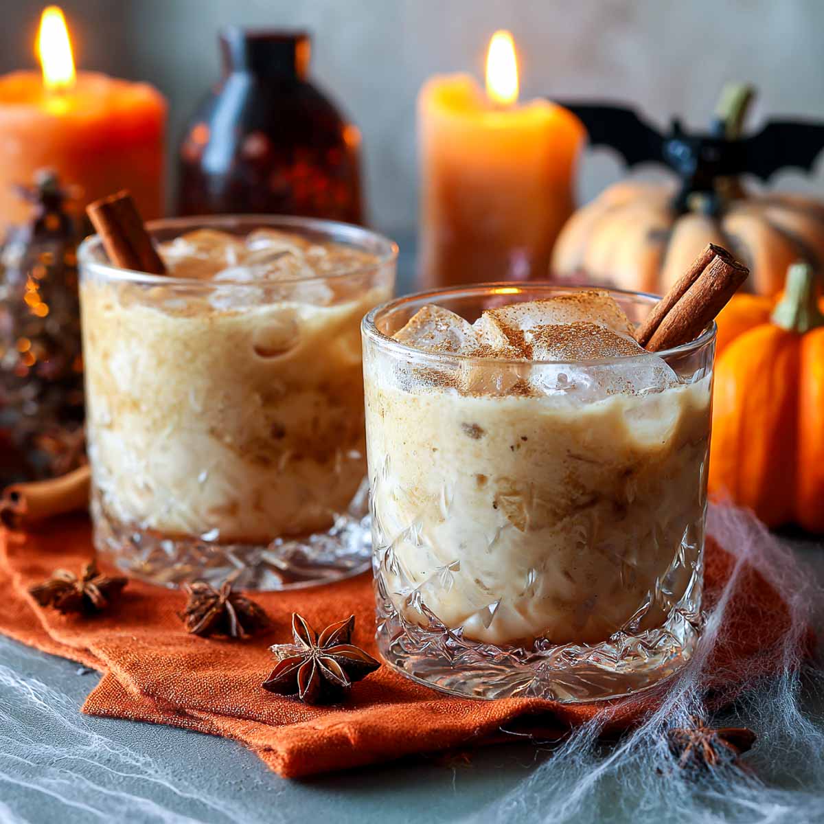Two creamy pumpkin spice white Russians with cinnamon sticks.