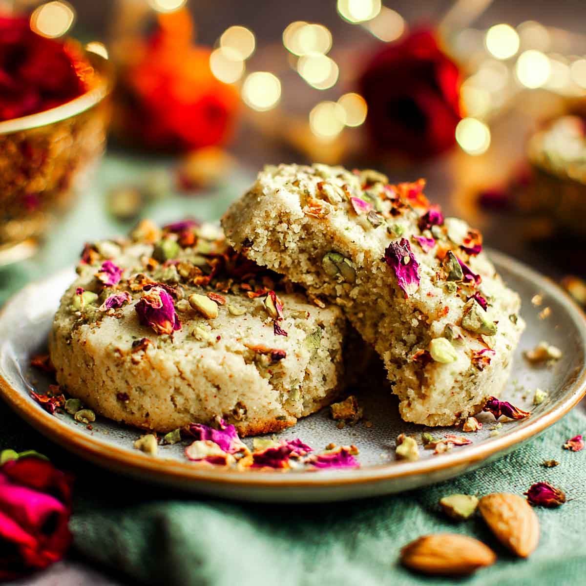 Rose pistachio shortbread cookie broken in half showing crumbly texture.