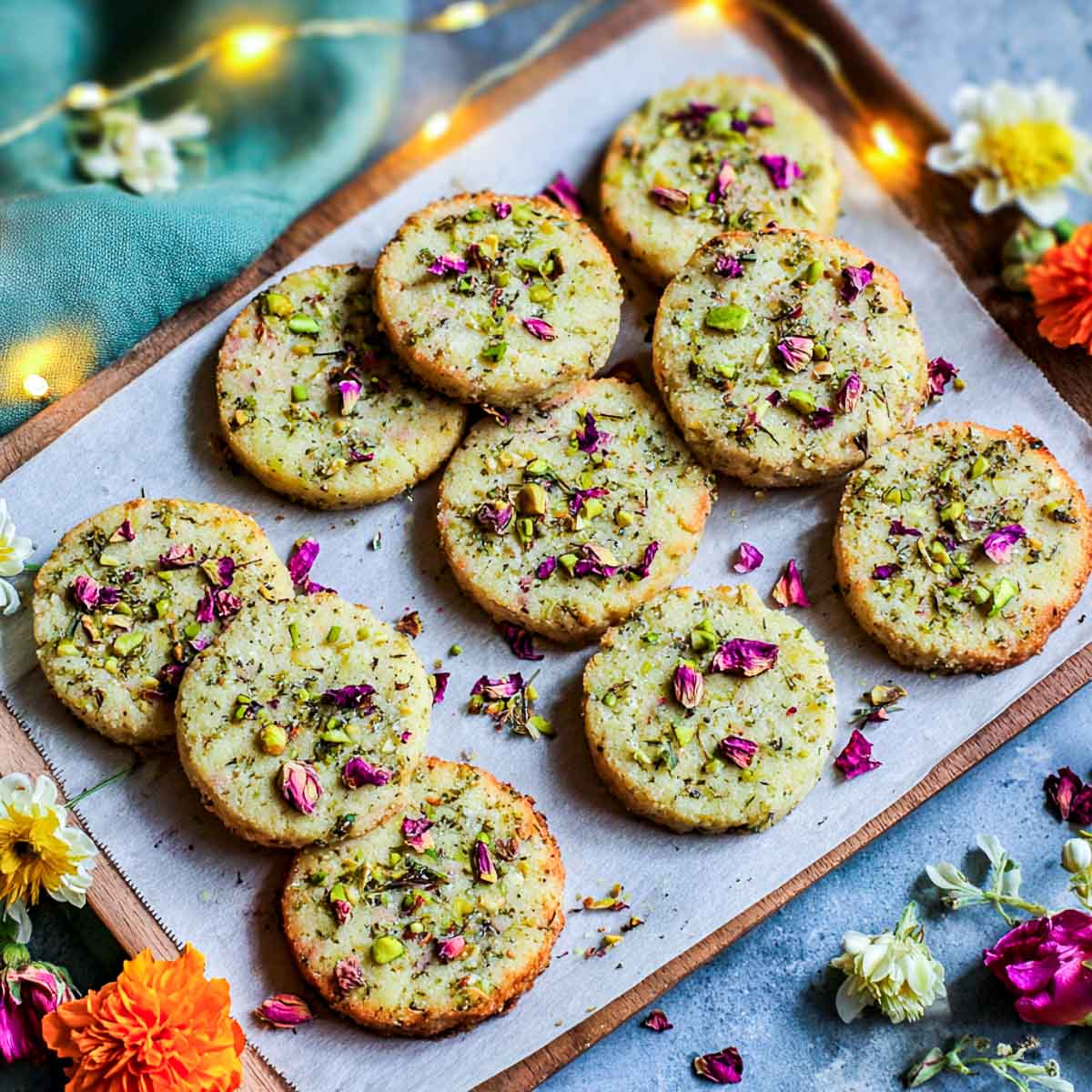 Tray of rose pistachio shortbread cookies garnished with pistachios and petals.