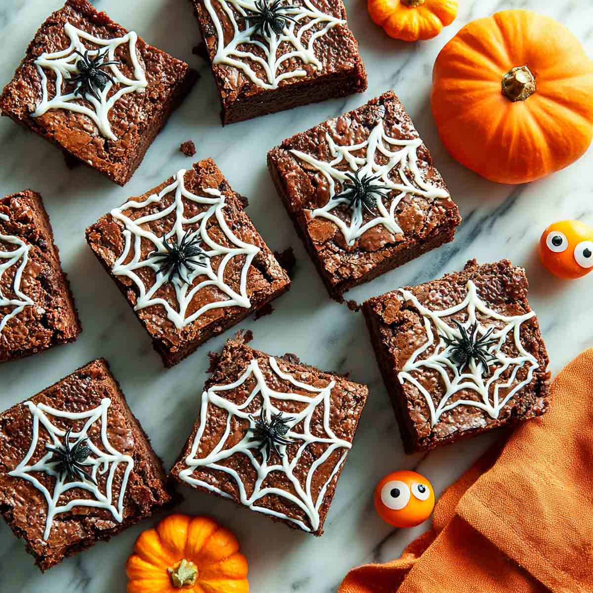 Top-down view of Halloween spider web brownies decorated with white chocolate webs and plastic spider toppers.