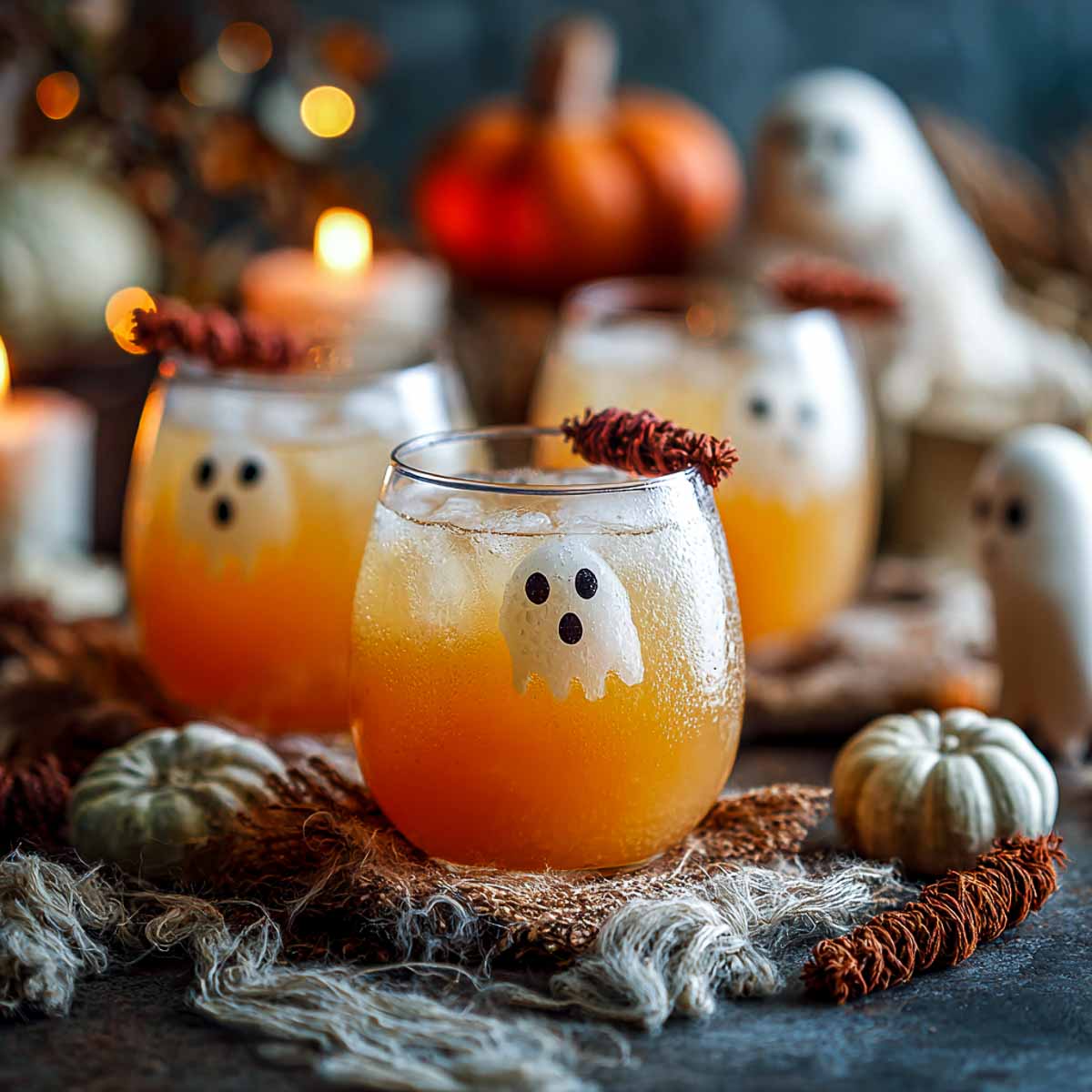 Orange Halloween punch with floating ghost-shaped frozen toppers.