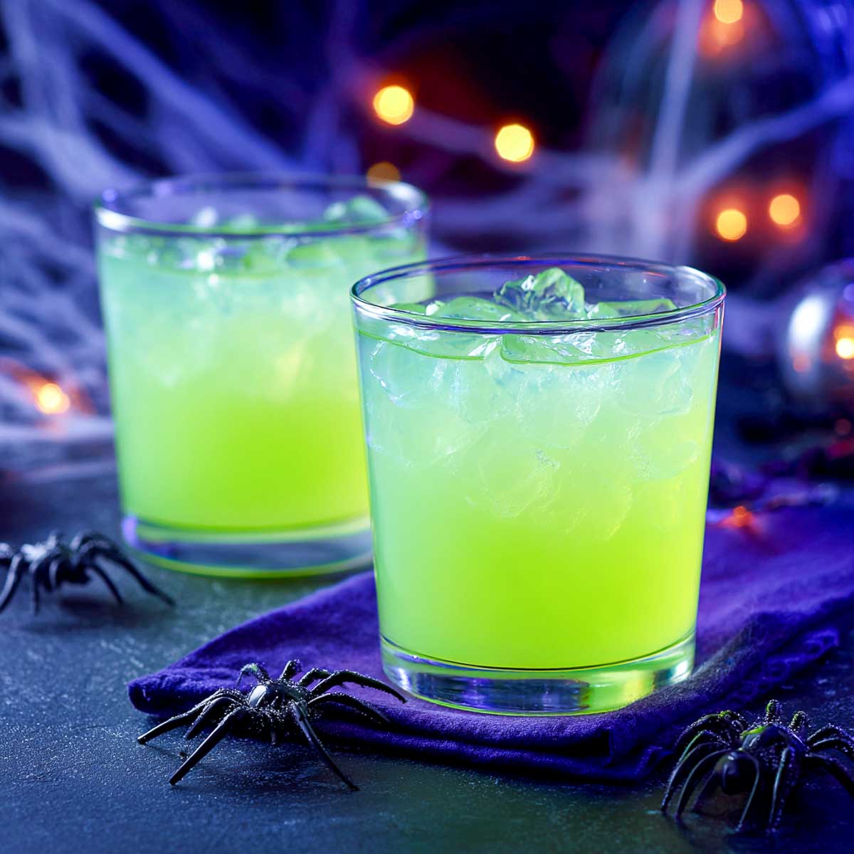 Two glowing neon-green lemonade drinks in clear glasses with ice.