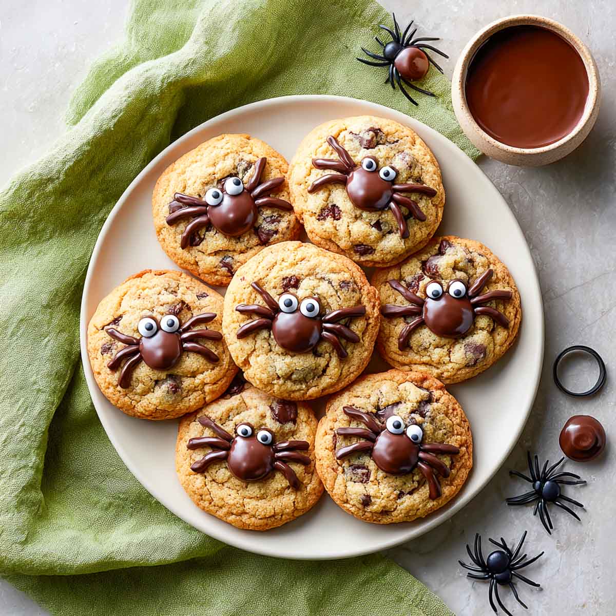 Chocolate chip cookies decorated with candy spiders on a plate.