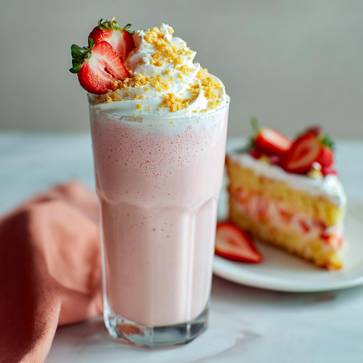 Strawberry shortcake shake topped with whipped cream, strawberries, and cake crumbs.