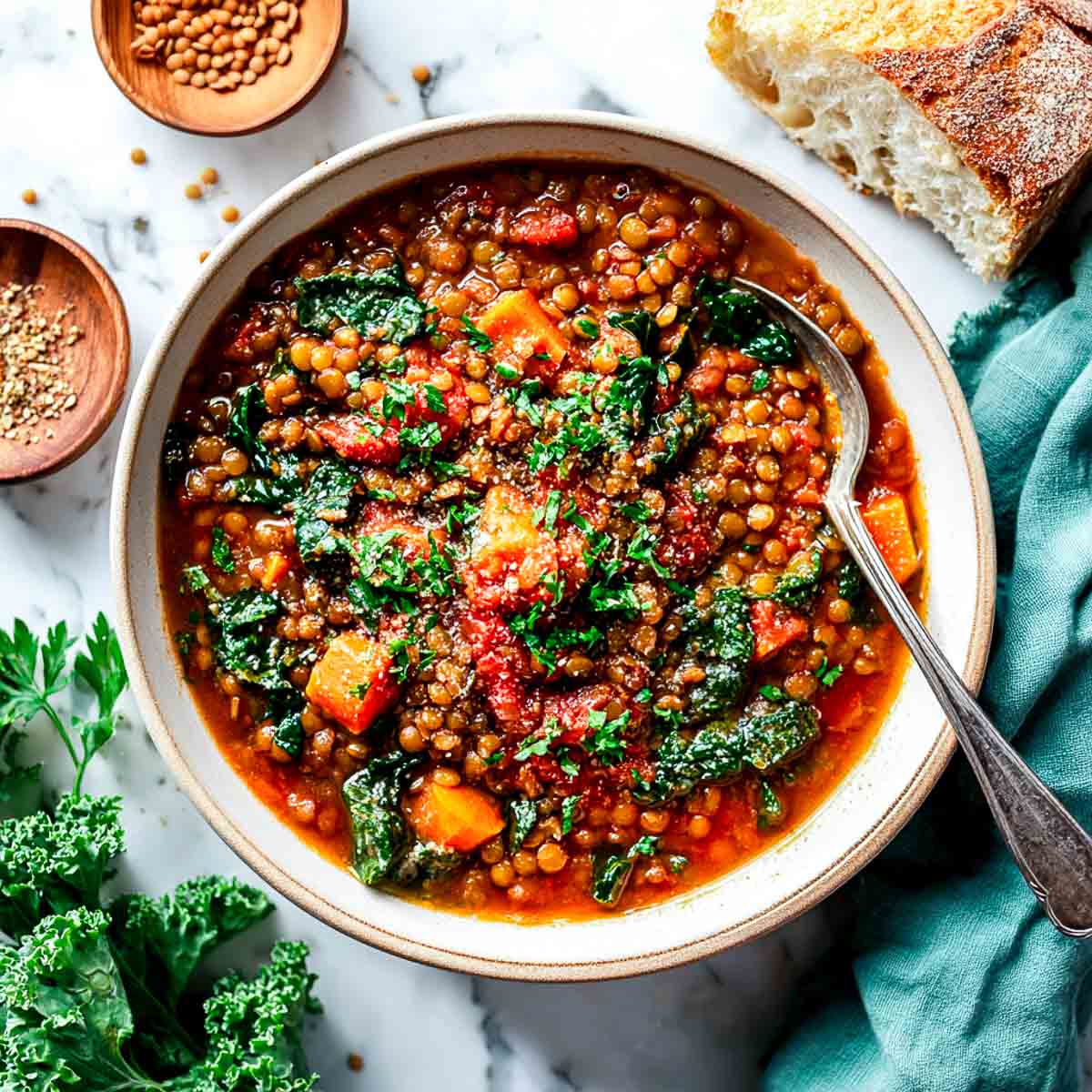 Bowl of vegan lentil and kale stew with smoky paprika and crusty bread.