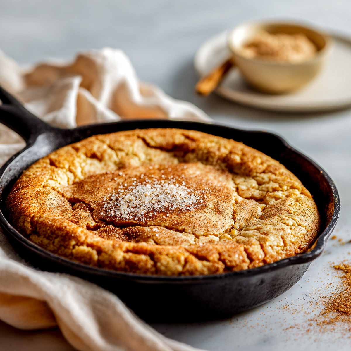 Vegan snickerdoodle skillet cookie with cinnamon-sugar crust in cast iron pan.