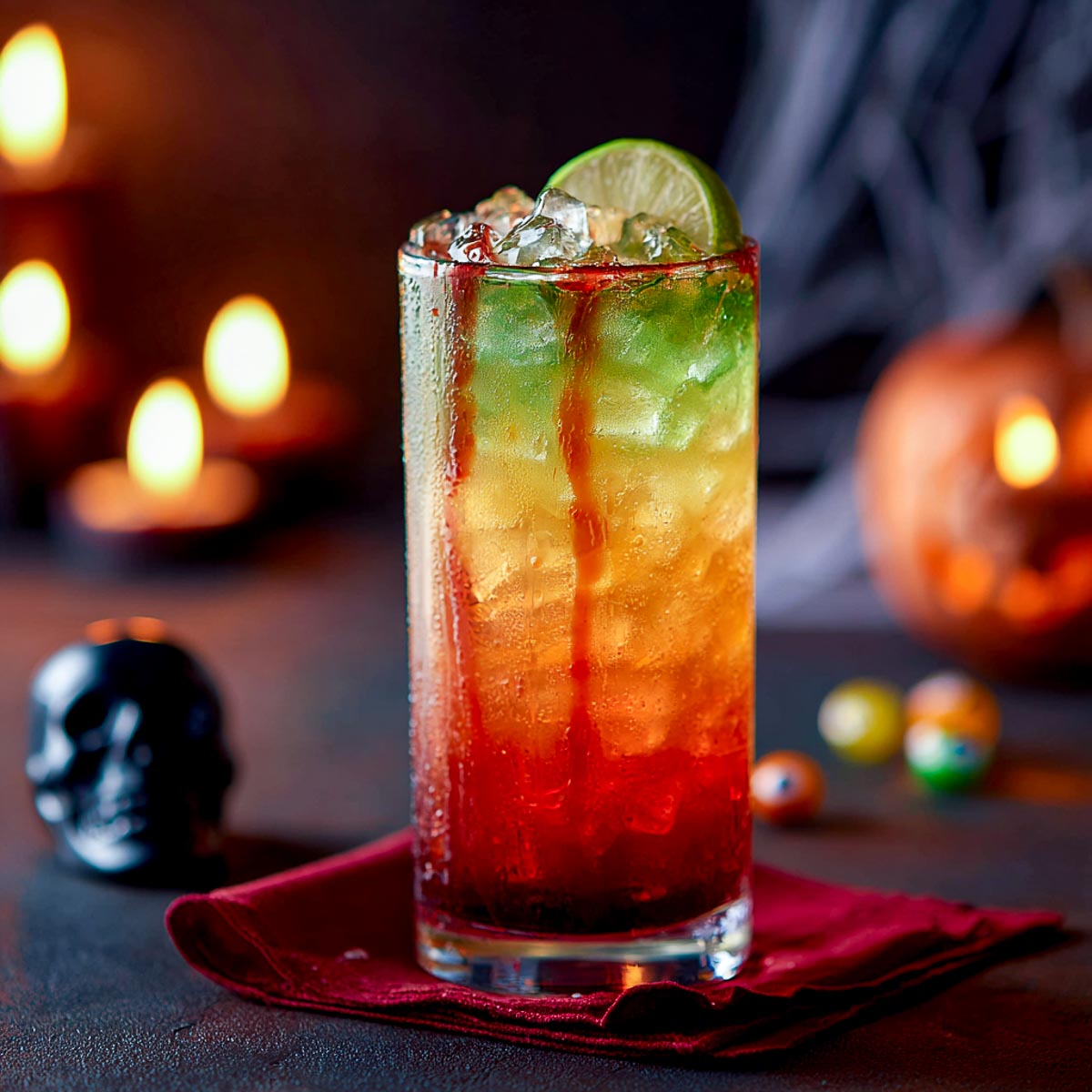 Green and red layered rum cocktail served in a highball glass.