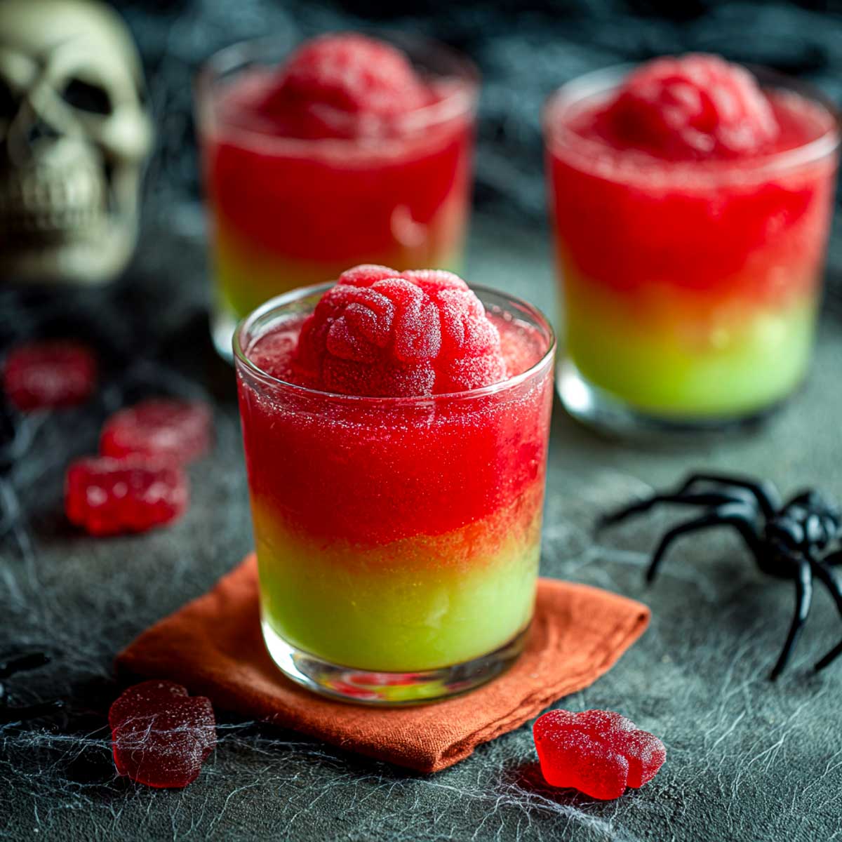 layered red and green slush drinks topped with gummy brain candies.