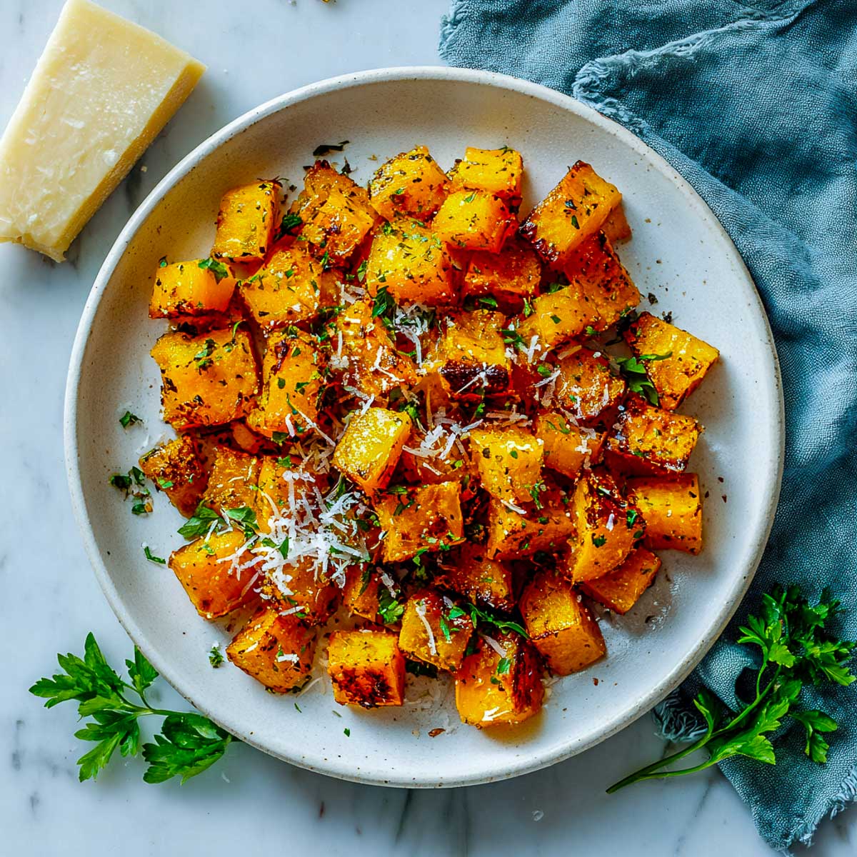 Air fried pumpkin cubes sprinkled with Parmesan.
