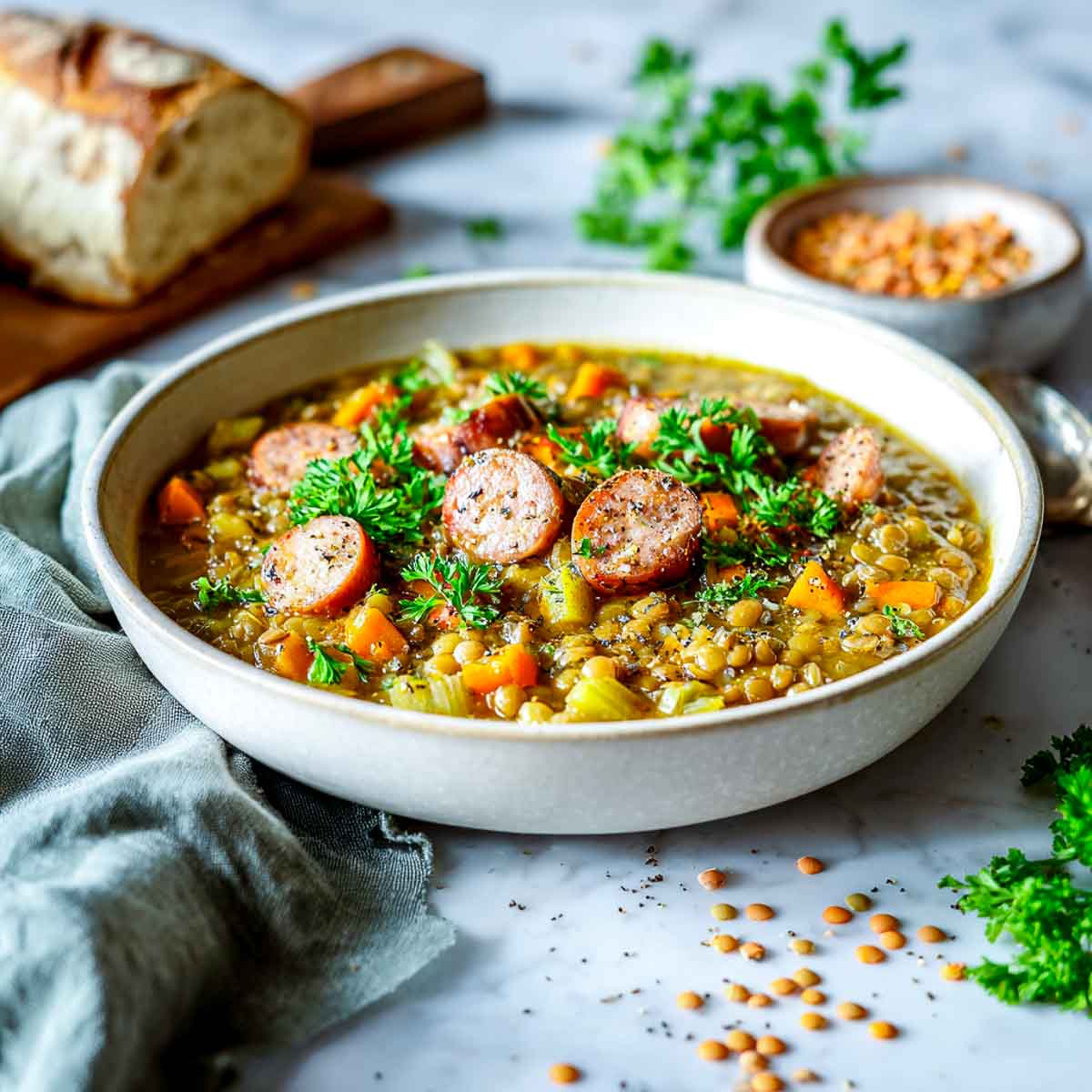 Rustic lentil stew with sliced chicken sausage, carrots, and fresh parsley.