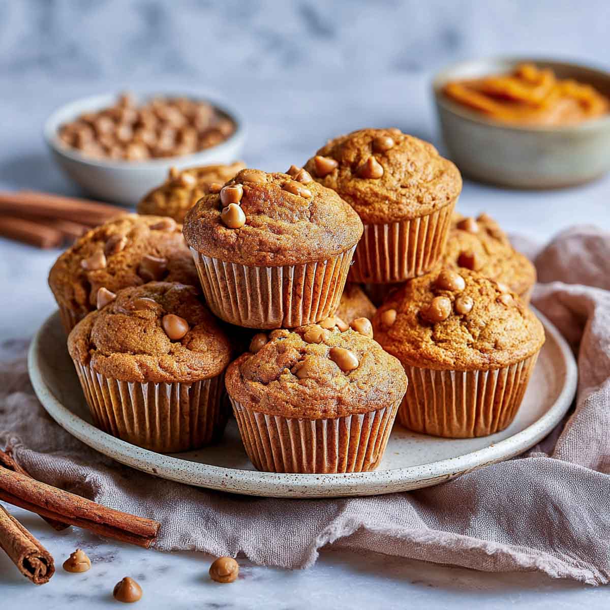Pumpkin muffins with butterscotch chips on ceramic plate with cinnamon stick.