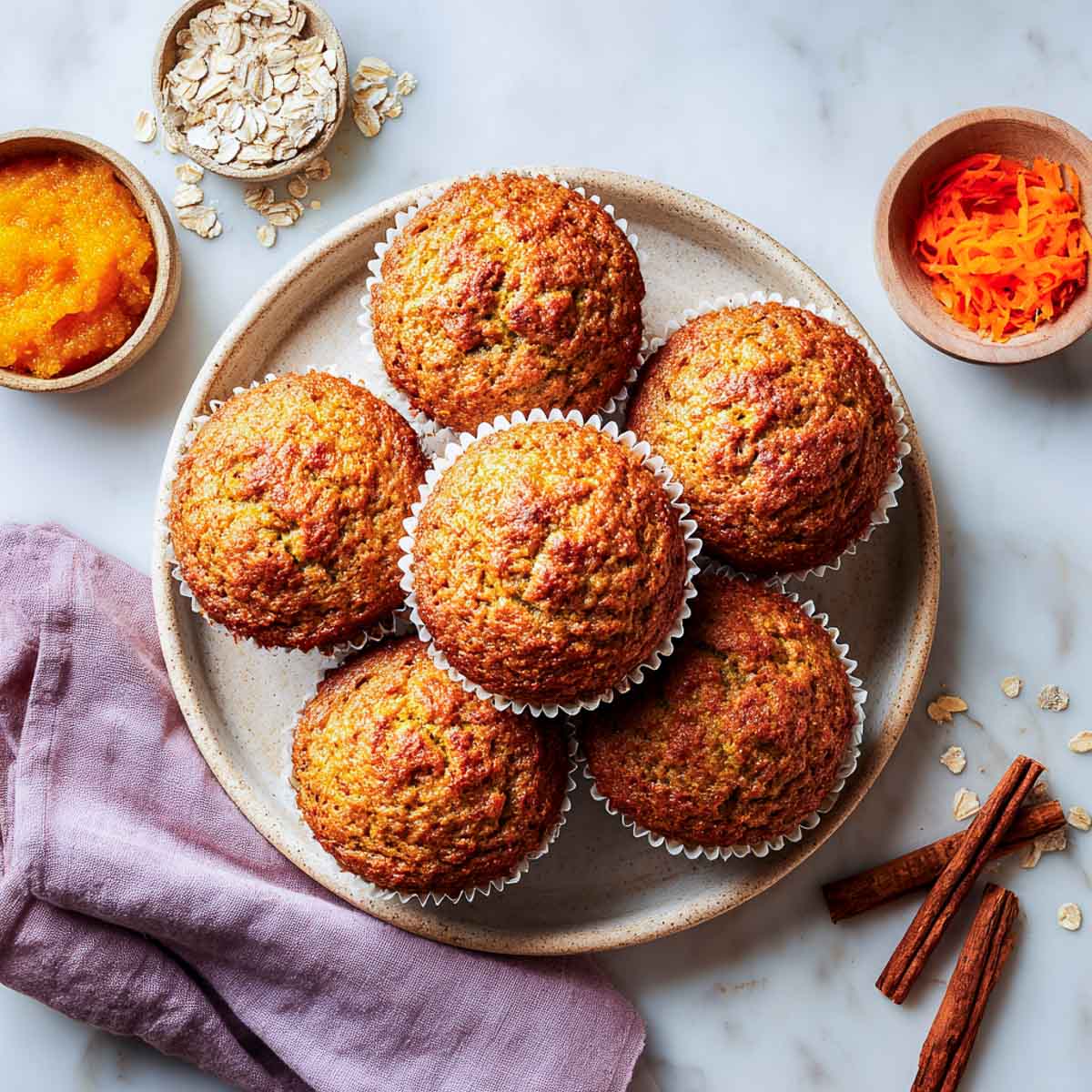 Carrot and pumpkin muffins on ceramic plate with grated carrot, oats, cinnamon sticks, and pumpkin puree.