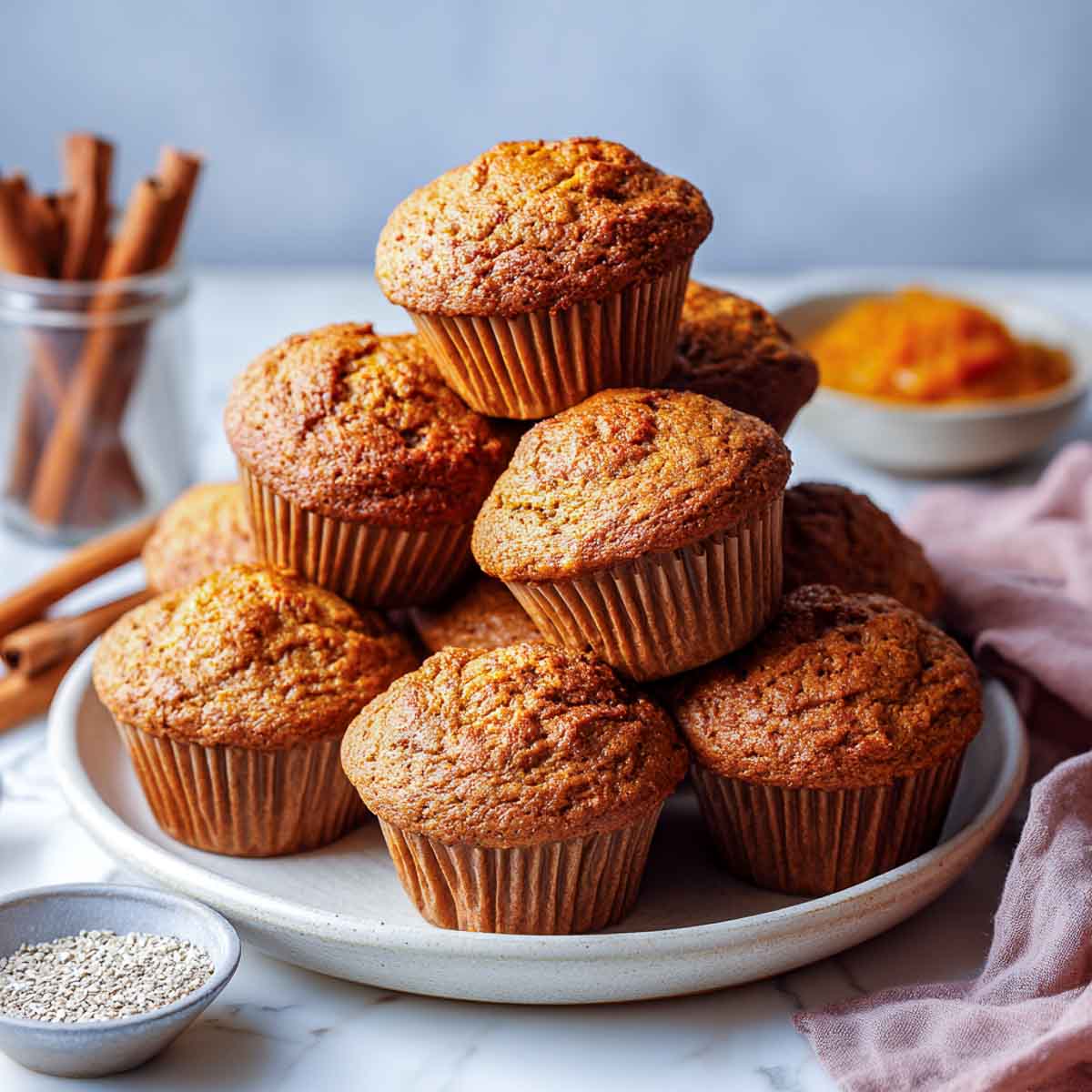 Eggless pumpkin muffins stacked on ceramic plate with chia seeds, pumpkin puree, and cinnamon sticks.