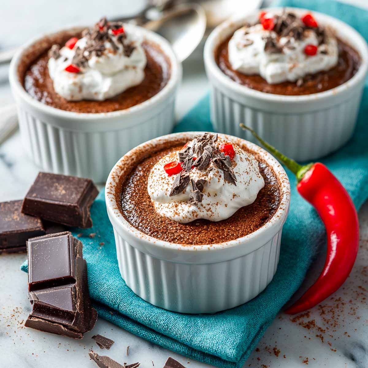 Gluten-free Mexican hot chocolate pots de crème topped with whipped cream and chocolate shavings.