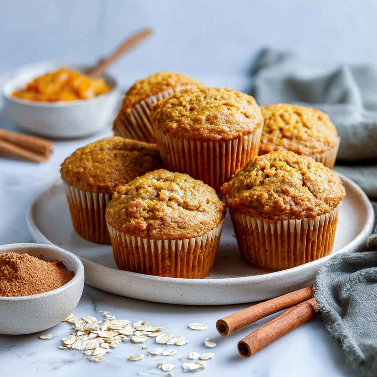 Gluten-free pumpkin muffins on ceramic plate with cinnamon, oats, and pumpkin puree.