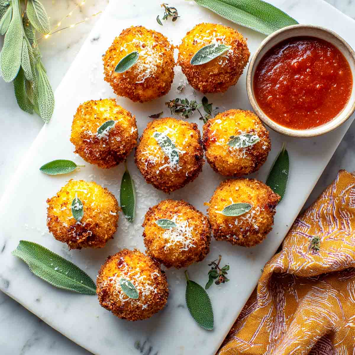 Golden pumpkin arancini sprinkled with Parmesan and sage leaves, served with marinara dipping sauce.