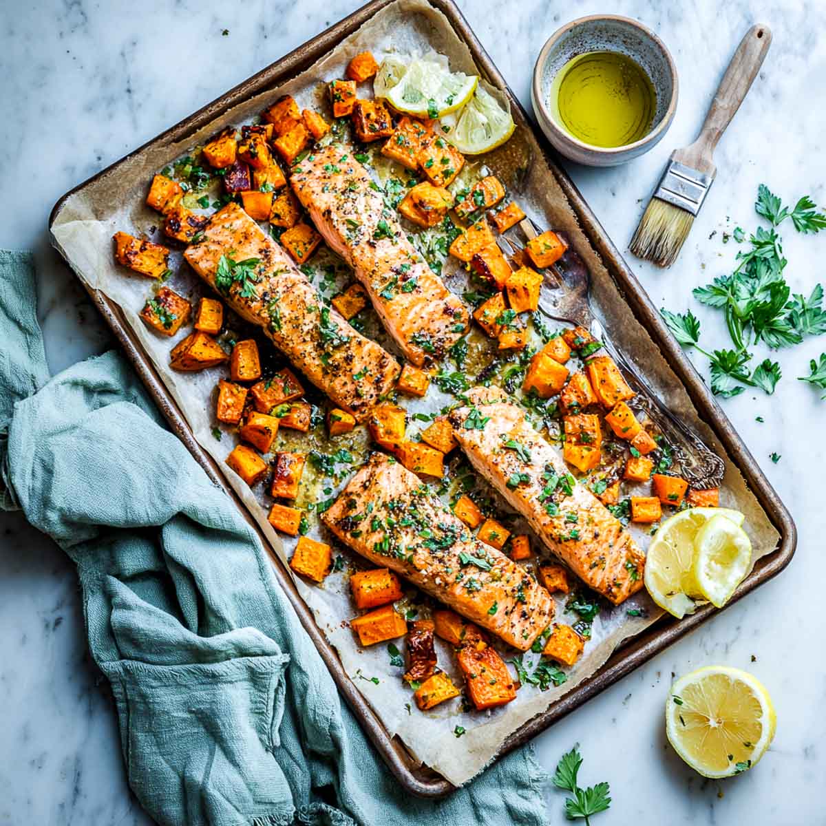 Sheet pan with roasted salmon fillets and caramelized sweet potato cubes.