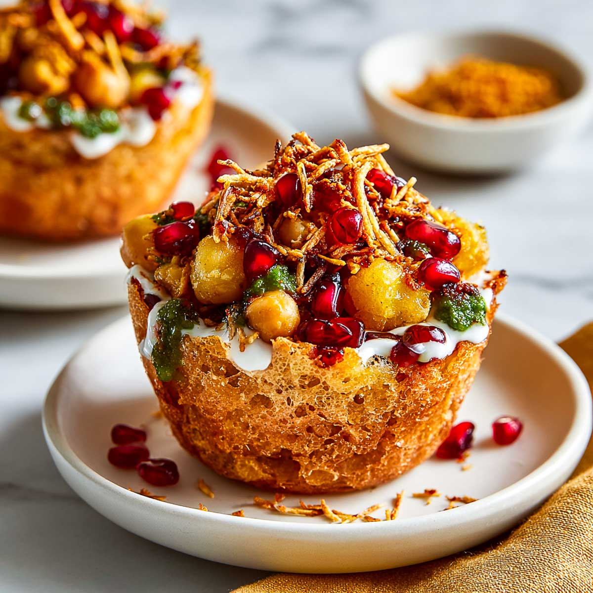 Katori chaat with potato and chickpea filling served on a white plate.
