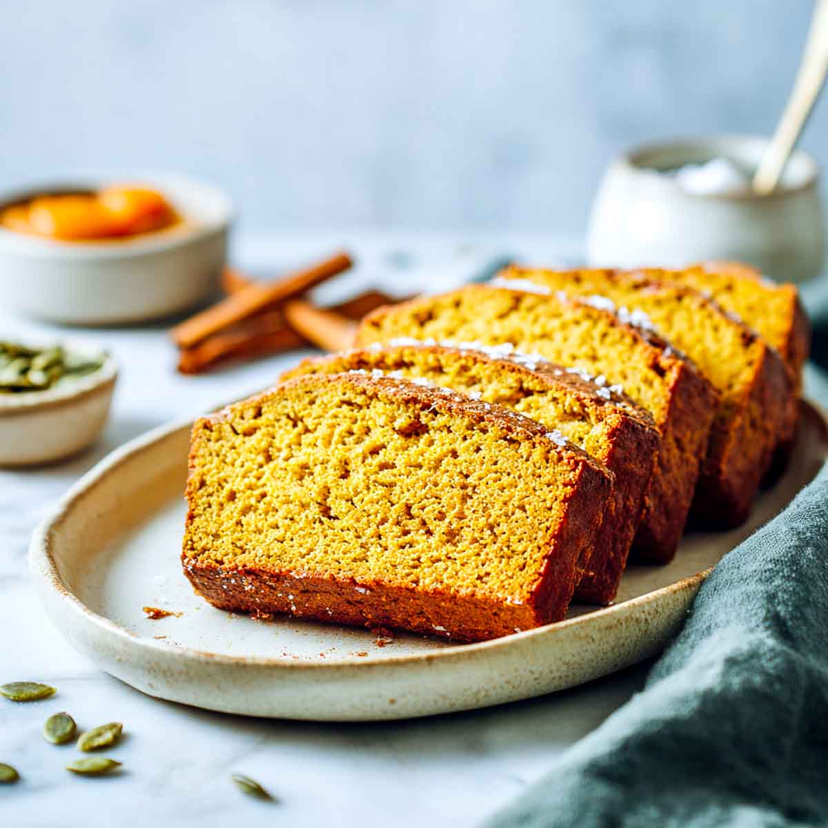 Sliced keto pumpkin bread with golden crumb on a cream plate.