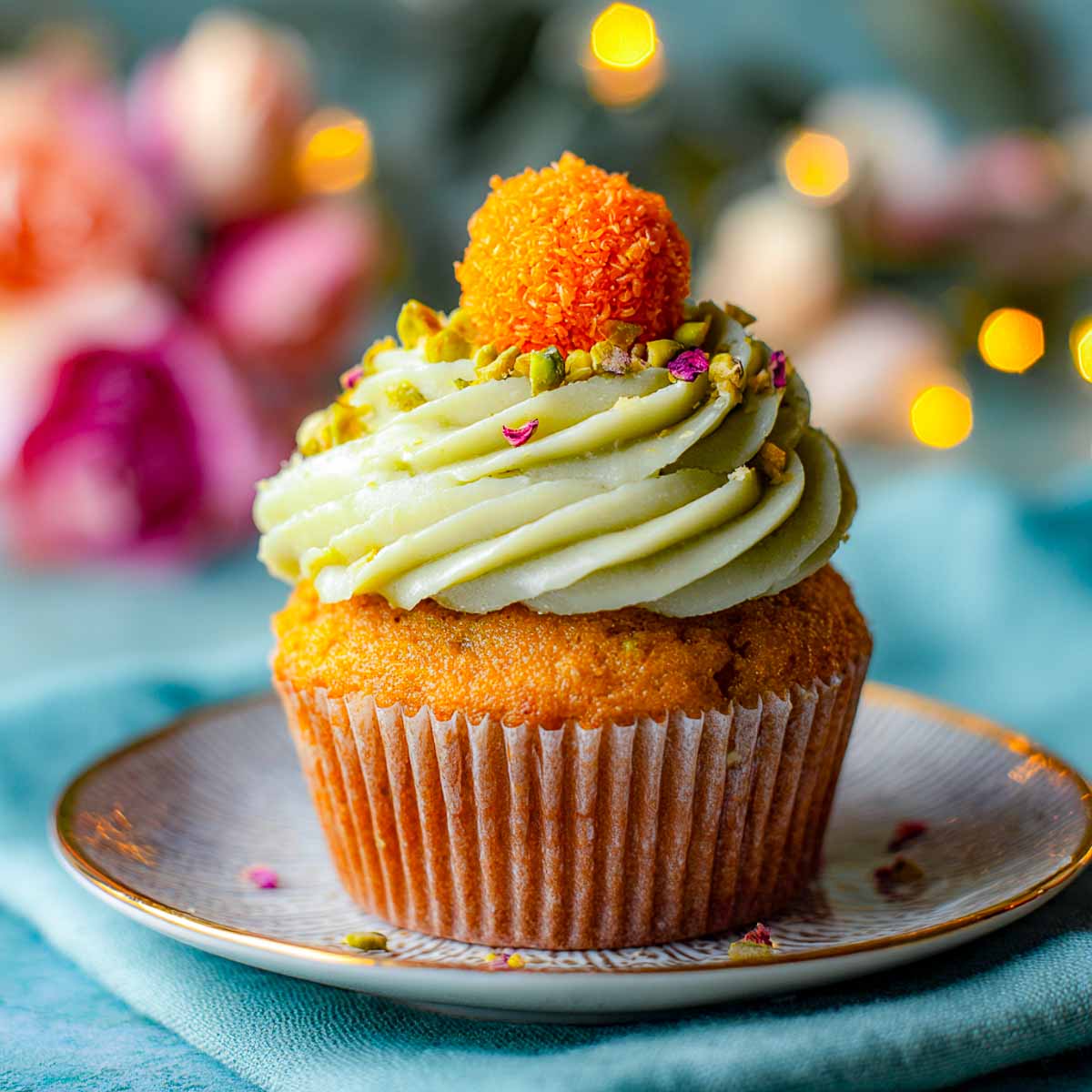S ingle motichoor ladoo cupcake with saffron frosting, pistachios, and festive lights.