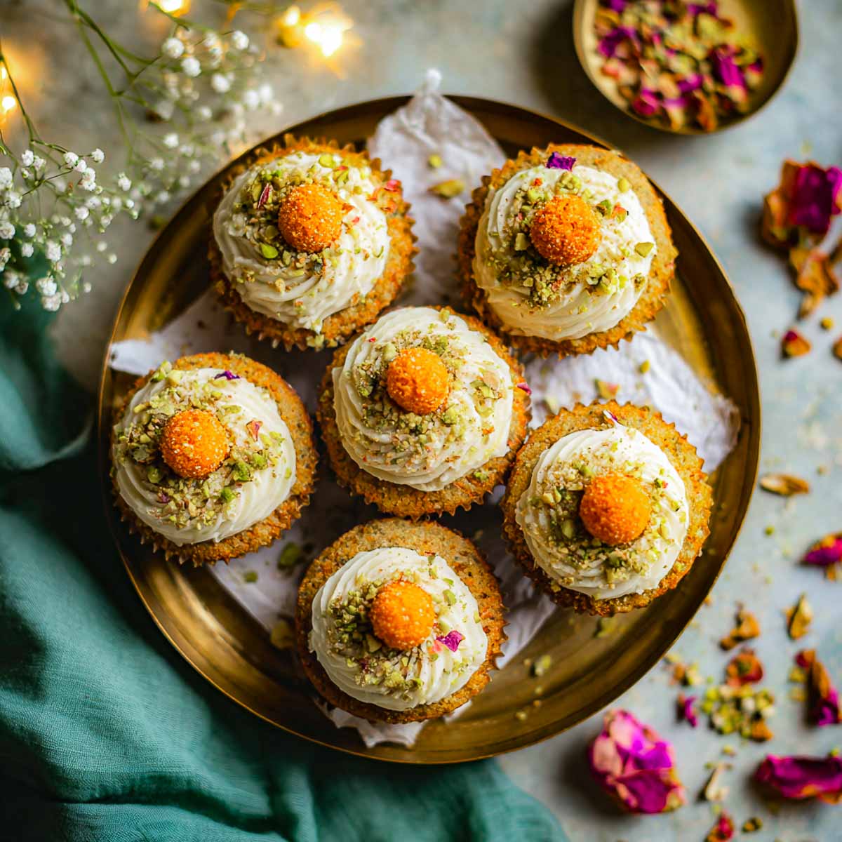Tray of motichoor ladoo cupcakes topped with ladoos, pistachios, and rose petals.
