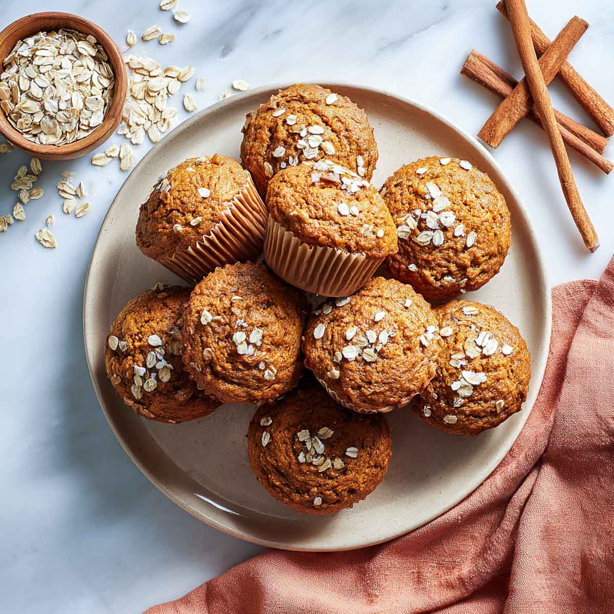 Pumpkin muffins with oat flour topped with rolled oats on ceramic plate with cinnamon sticks.