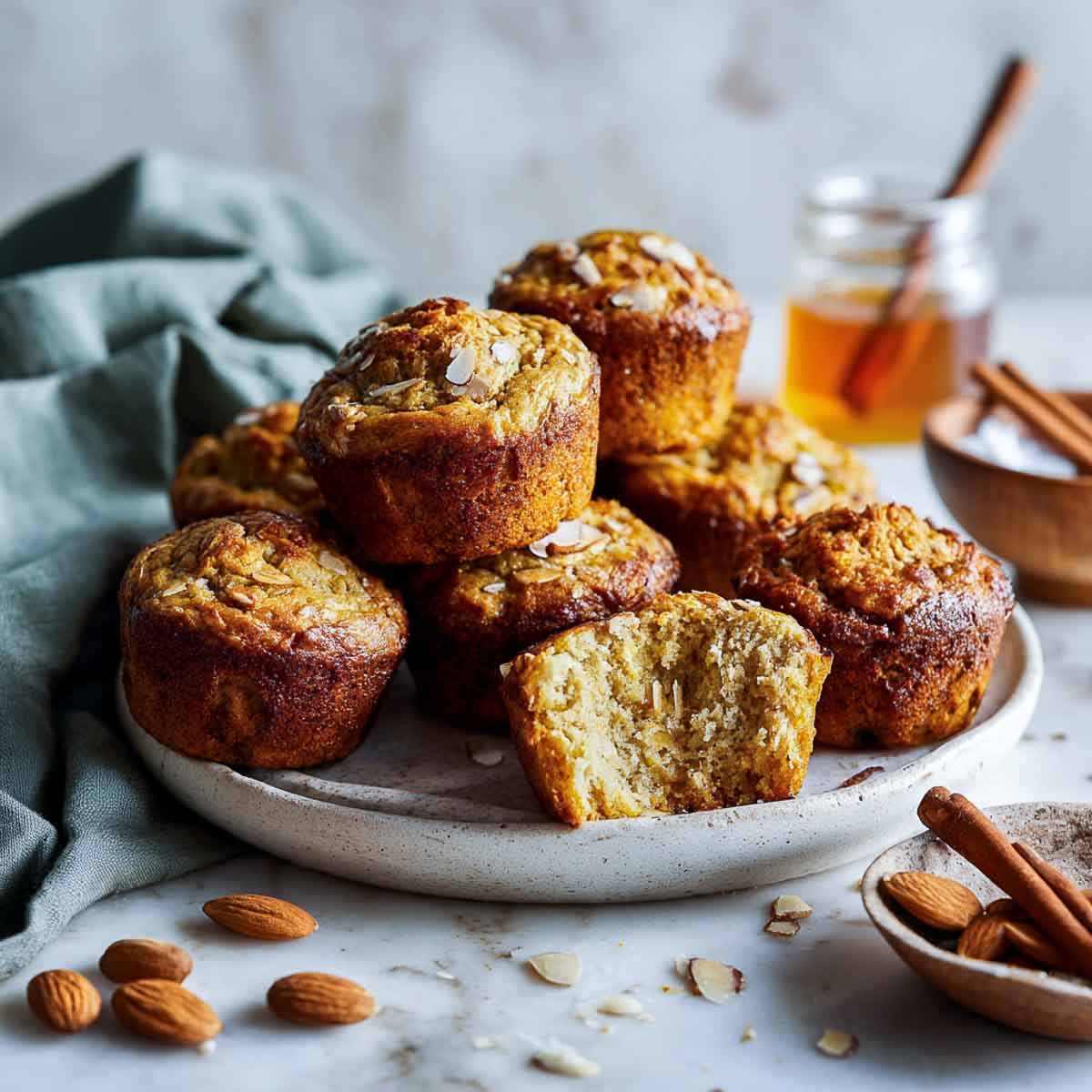 Paleo pumpkin muffins on ceramic plate with almonds, cinnamon sticks, and honey jar.