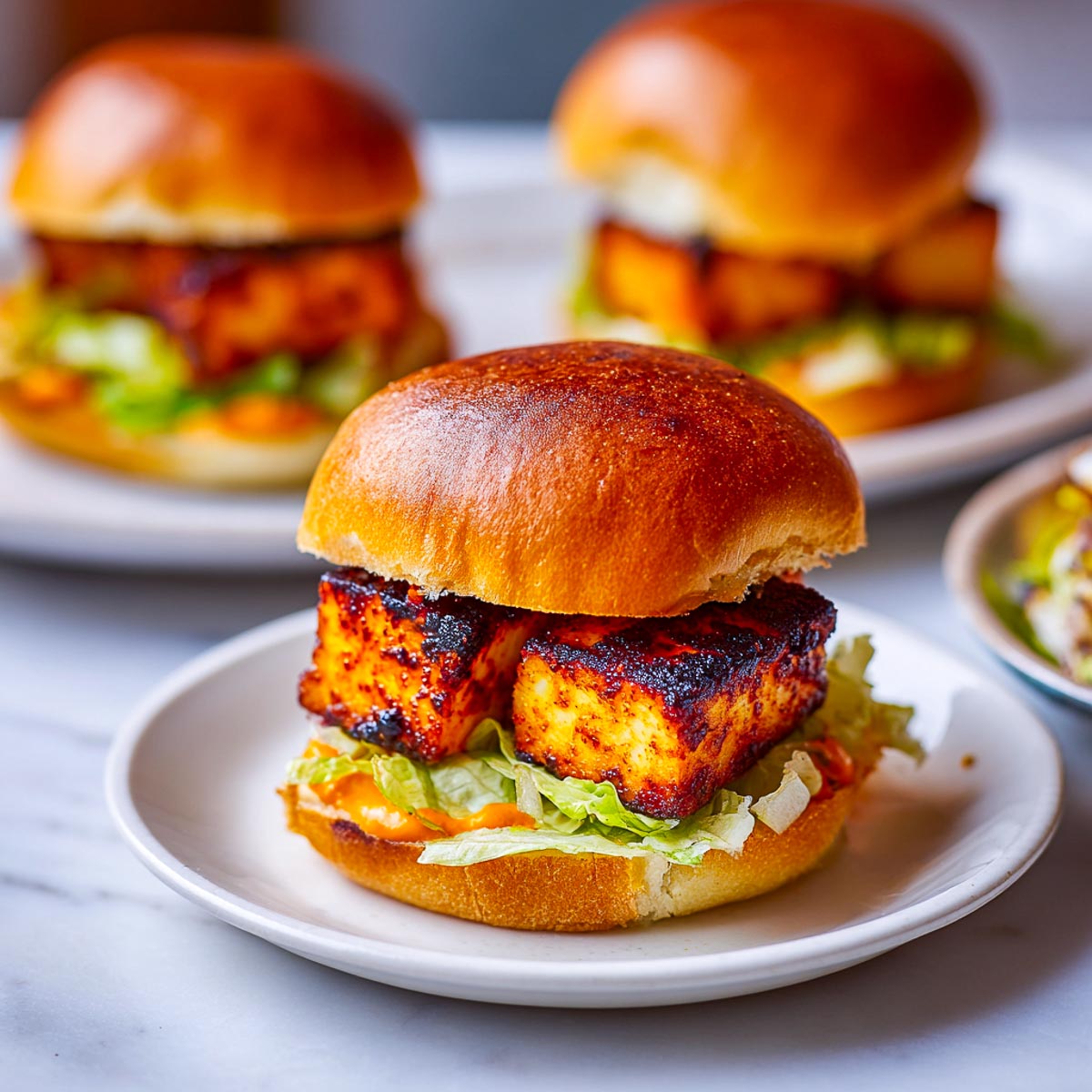 Paneer tikka slicers arranged on a white plate.