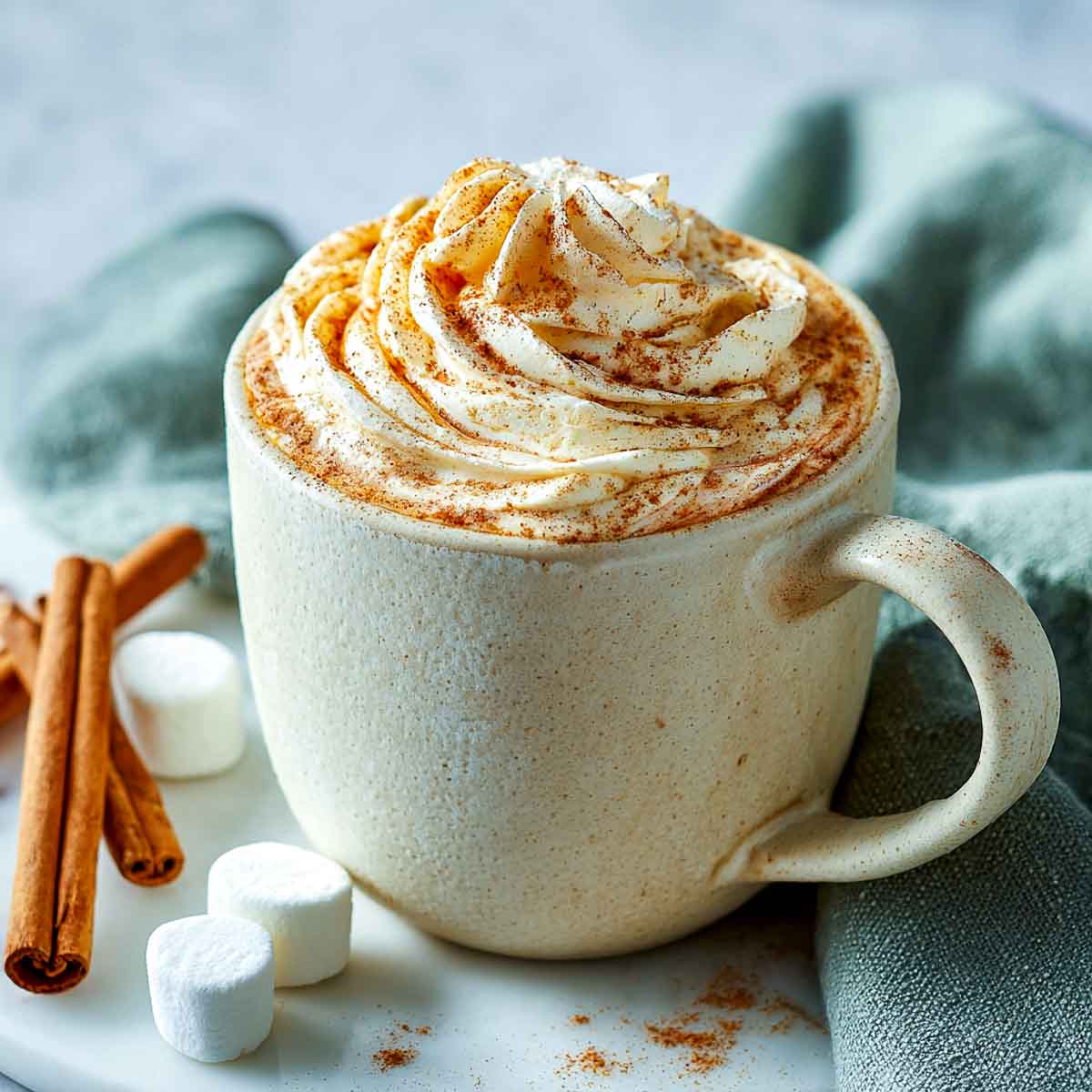 Mug of hot cocoa with pumpkin whipped cream and cinnamon dust.
